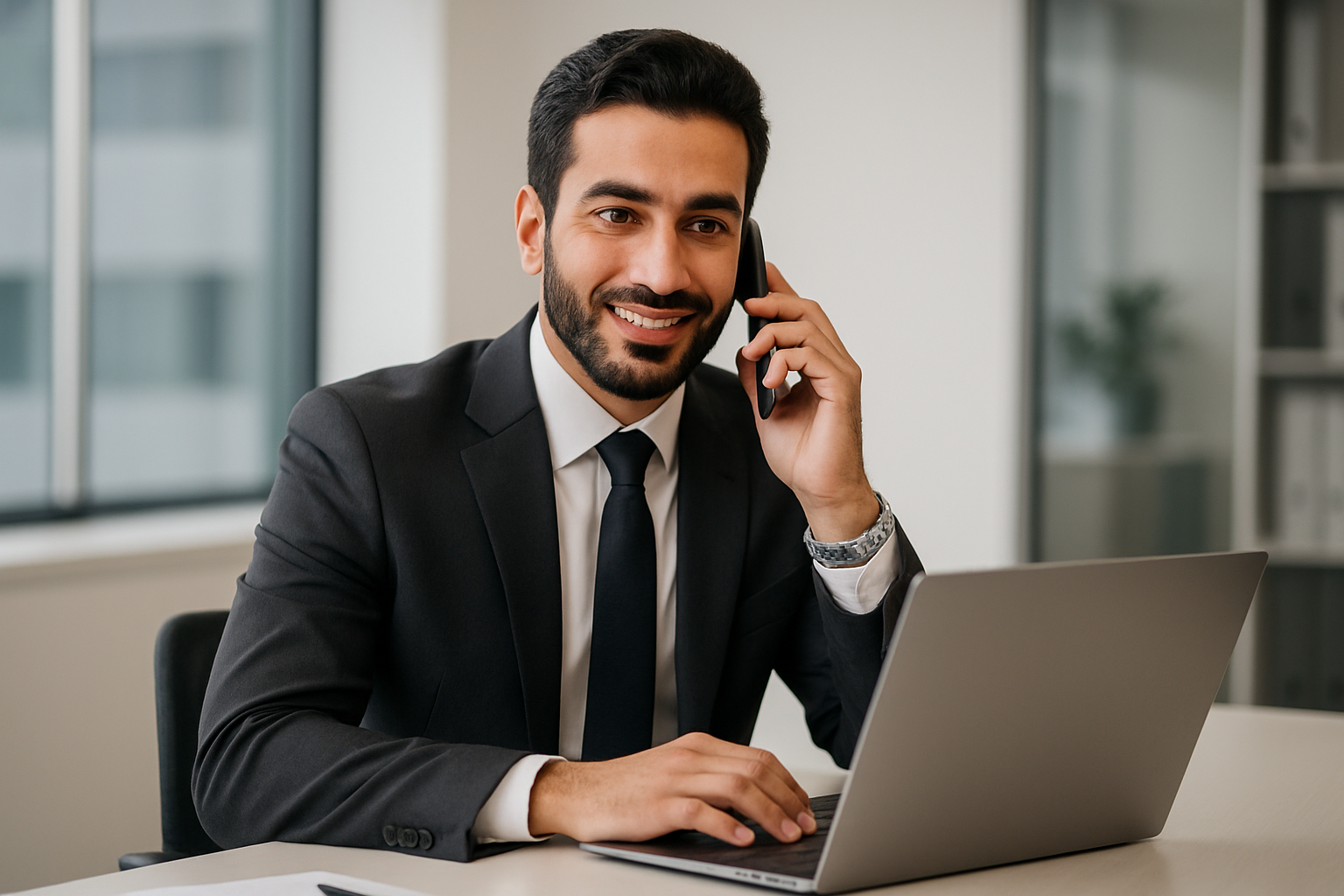 arabic proffessional man answering phone addressing queries sitting on a desk in front of a laptop