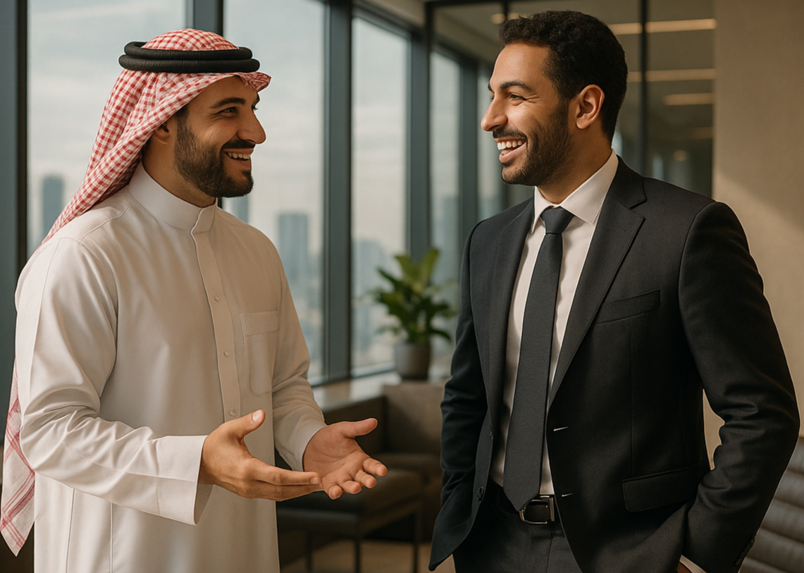 create an arabic proffessional having a conversetion with another person in an office enviroment 