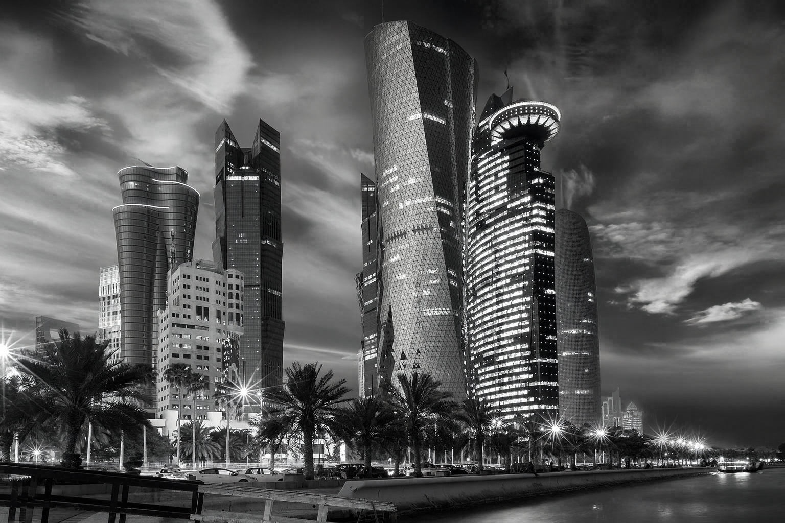 Enhanced greyscale Doha night skyline