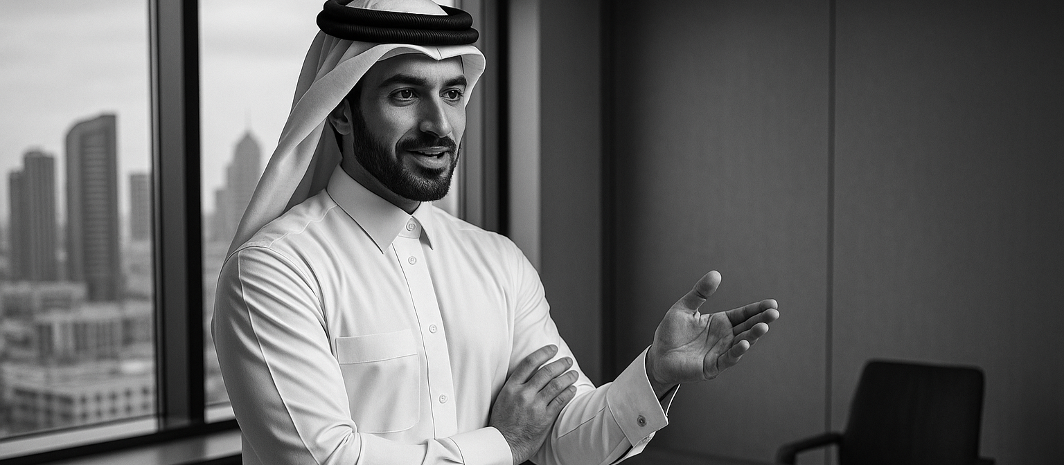 Generated monochrome image of Arab accountant in traditional Qatari attire in a different professional pose in a modern office